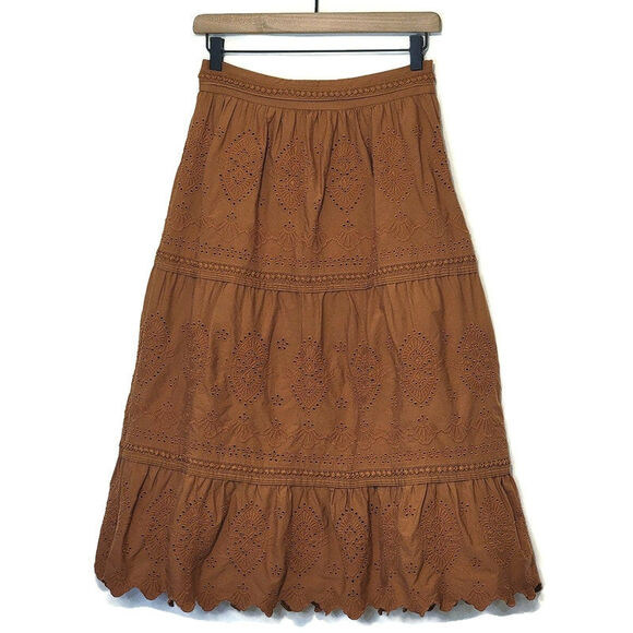 Jason Wu Embroidered Eyelet Midi Skirt Tiered Ruffle A Line Boho Chic Brown S - Picture 1 of 16